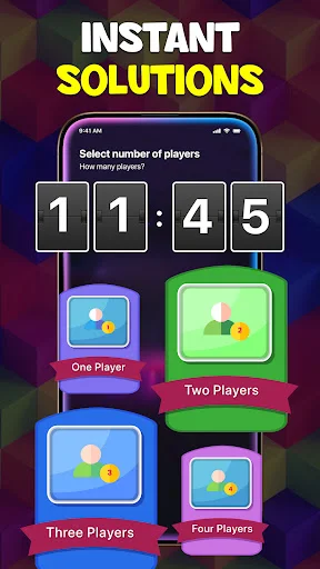 Multiplayer game mode selection screen with instant solution timer and one to four player puzzle game options