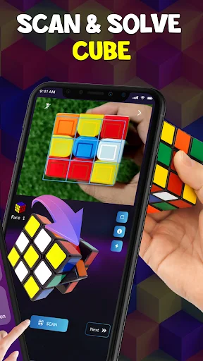 Scan & Solve Cube feature with camera scanning colorful 3x3 Rubik's cube for AI-powered step-by-step solution