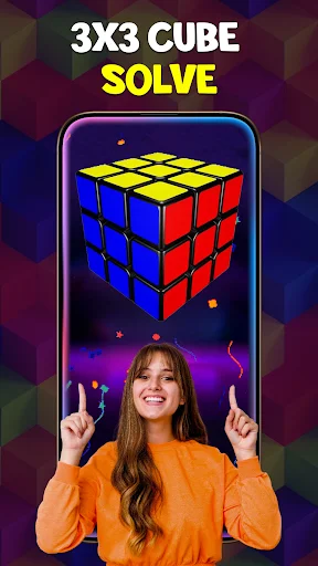 3x3 Cube Solve screen displaying solved Rubik's cube with blue, yellow, and red faces in puzzle solver app