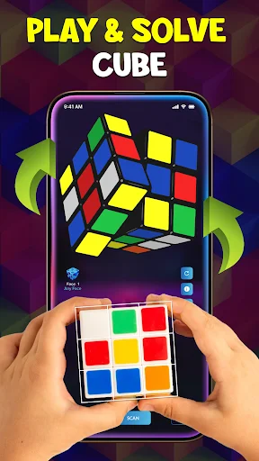 Play & Solve Cube mode showing scrambled 3x3 Rubik's cube with manual input interface for color selection
