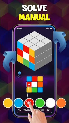 Manual cube solving interface with 3D cube view and color picker palette for inputting Rubik's cube pattern
