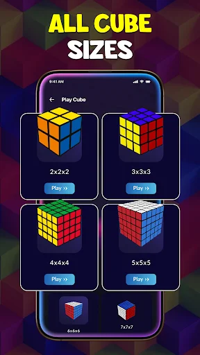 All Cube Sizes menu showing 2x2, 3x3, 4x4, and 5x5 Rubik's cube options for multi-size puzzle solving