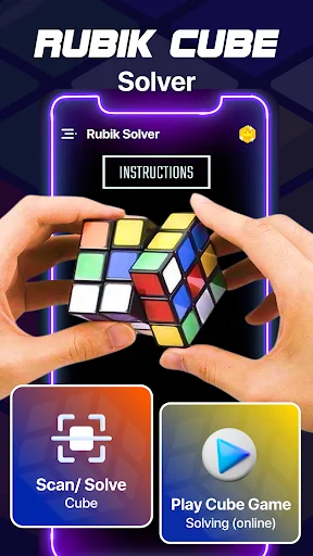Rubik Cube Solver main menu with scan/solve cube and play game options for offline puzzle solving app