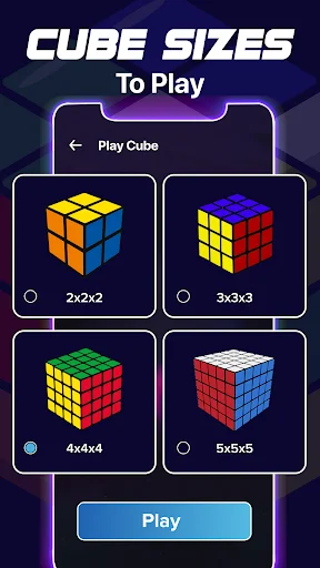 Cube Sizes selection screen offering 2x2, 3x3, 4x4, and 5x5 Rubik's cube puzzles with play button
