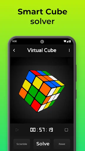 CubeX app virtual 3D Rubik's cube solver with timer showing 00:51:19, solve button and scramble options on mobile