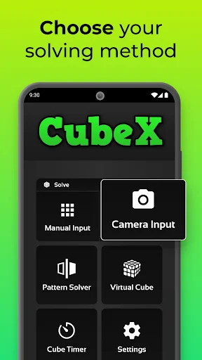 CubeX puzzle app main menu with solving methods: Manual Input, Camera Input, Pattern Solver, Virtual Cube and Timer