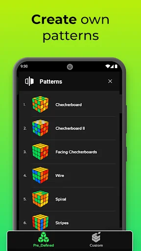 CubeX pattern library showing preset cube configurations like Checkerboard, Wire, Spiral for practice solving