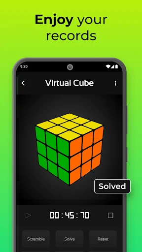 CubeX virtual cube timer showing solved puzzle in 00:45:10 with scramble, solve and reset controls for speedcubing