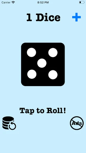 Dice Roller app showing single die with 5 dots, tap to roll feature, blue plus button to add more dice for gaming