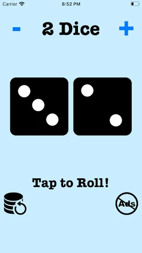 Dice rolling app interface with 2 dice showing 3 and 2 dots, minus/plus buttons to adjust dice count for board games