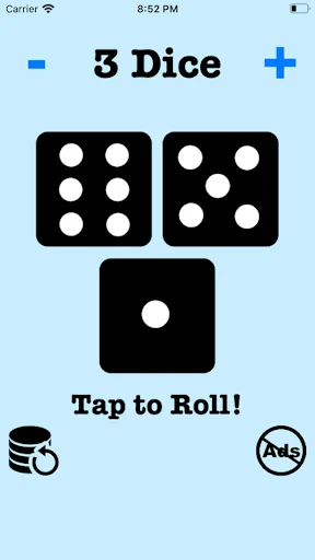 Mobile dice roller displaying 3 dice with values 6, 5, and 1, easy tap to roll interface for tabletop gaming
