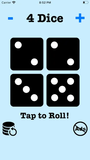 Dice shake and roll app with 4 dice showing different values, digital dice roller for board game enthusiasts