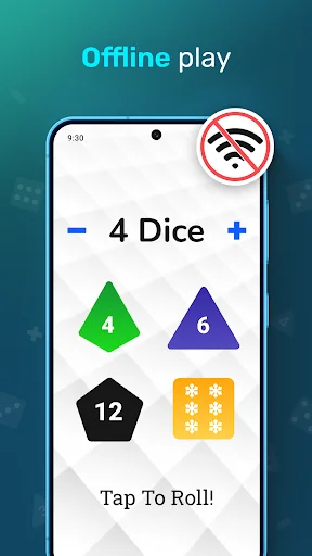 Dice Roller offline play feature showing various dice styles including pyramidal and polyhedral shapes without internet
