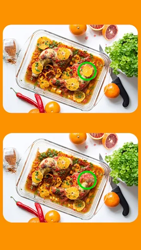 Spot The Differences Game puzzle showing two nearly identical food images with casserole dish and vegetables