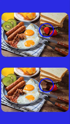Find the difference puzzle featuring breakfast scene with eggs, bacon, and toast - spot hidden variations