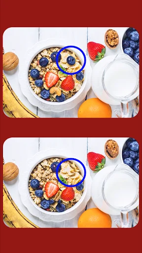 Difference spotting game with breakfast bowl containing berries and cereal - find subtle changes between images