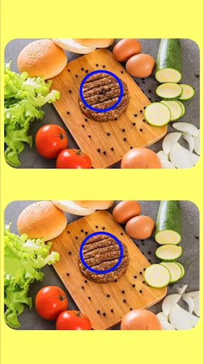 Food-themed spot the difference puzzle with burger ingredients and vegetables laid out on cutting board