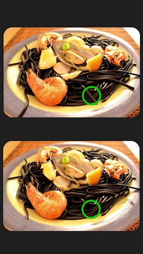 Spot differences in pasta dish with seafood - single player puzzle game challenging visual perception skills