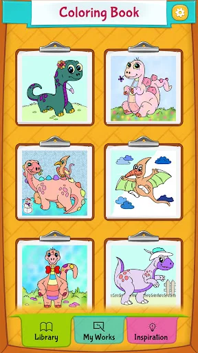 Dinosaur Coloring Book catalog with six dinosaur coloring pages in grid layout and bottom navigation menu