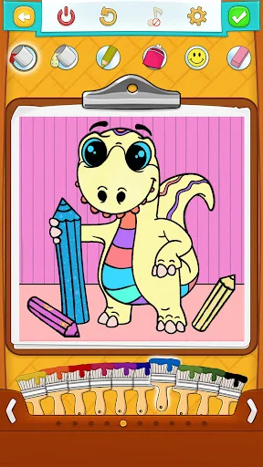 Dinosaur coloring activity featuring yellow and pink dinosaur holding large pencil with creative tool options