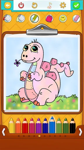 Pink dinosaur illustration coloring page with outdoor landscape and full color palette selection tool