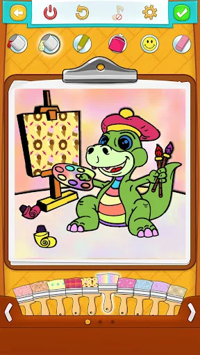 Artist dinosaur character at easel with decorative painting, tool icons, and color palette for customization