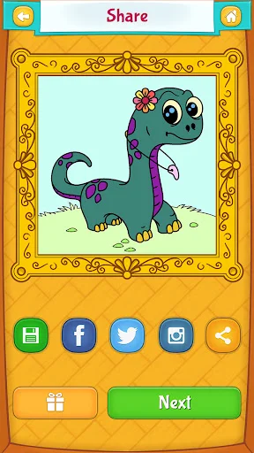 Dinosaur artwork in ornate gold frame design with Share interface for social media sharing options