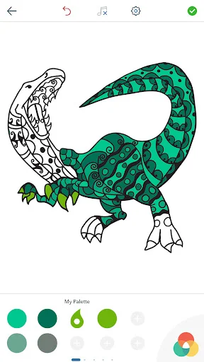 Green dinosaur outline with long tail in progress coloring using custom palette in relaxation app