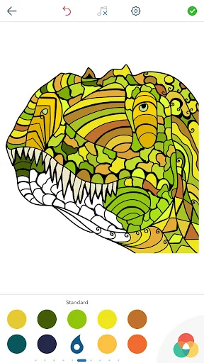 Green T-Rex dinosaur coloring page with yellow patterns and color palette in adult coloring app
