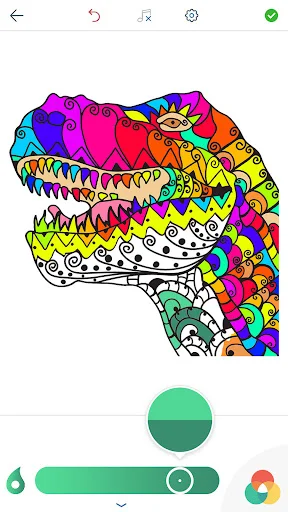 Multi-colored dinosaur head coloring artwork with vibrant palette and brush application tool