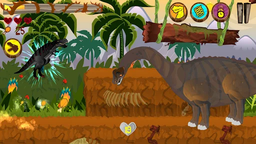 Dino the Beast runner game showing yellow dinosaur facing brown Triceratops enemy with tropical jungle setting and power-up icons at top