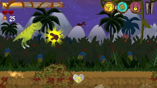 Night-time dinosaur action gameplay with yellow T-Rex, bright explosion effect, power-up abilities, and score counter at 25