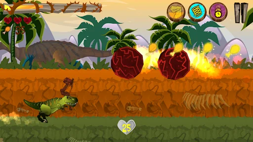 Dinosaur platformer showing green dinosaur destroying red glowing stone obstacles with yellow explosion effects in jungle