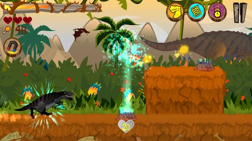 Dino runner game with cyan turquoise power-up beam destroying orange stone obstacle while player dinosaur battles enemies