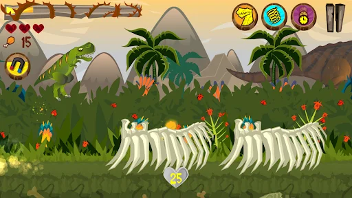 Dinosaur game with player dinosaur facing two white skeleton enemy dinosaurs, health lives counter at 15 with power-up icons