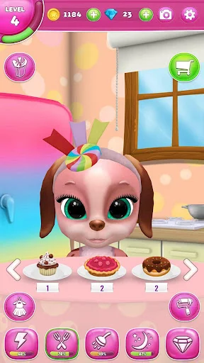 Masha the talking dog virtual pet with feeding interface showing cupcake, donut, and cookie food options to care for pet