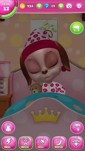 Masha dog wearing pink pajamas and nightcap sleeping in bedroom - pet sleep care simulation gameplay