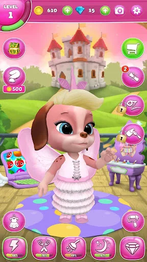 Masha dog in princess outfit standing in front of fairy tale castle - fantasy pet dress-up and decoration game