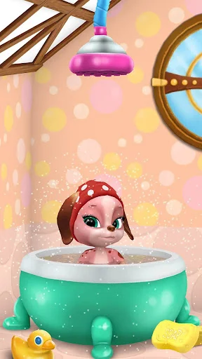 Masha dog taking bubble bath with shower - interactive pet bathing care activity in casual simulation