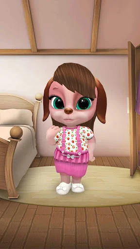 Masha dog in polka dot top and pink skirt standing in bedroom - pet dress-up and home customization feature