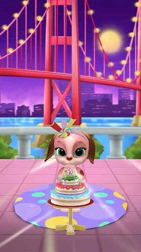 Masha dog cake decoration and dance performance with glowing city skyline background - special pet event gameplay