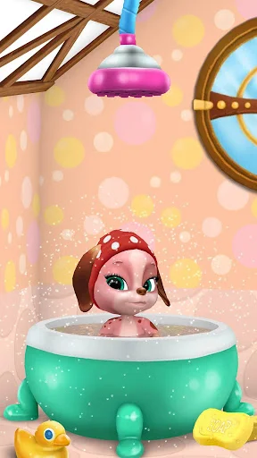 Masha dog in green bubble bath with shower head - virtual pet water care and bathing mini-game activity