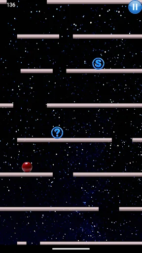 Falling Ball gameplay showing red ball falling through platforms, power-ups and score counter
