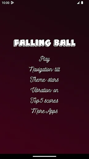 Falling Ball menu with play, tilt controls, star theme, vibration settings and top 5 scores