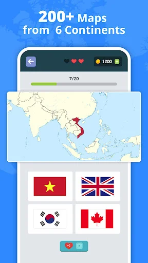 Flags quiz game showing map of Southeast Asia with Vietnam highlighted, featuring 4 flag options below including Vietnam flag