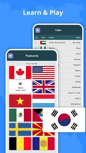 Educational flashcard mode displaying various world flags including Canada, USA, UK, Vietnam, Mexico in study format