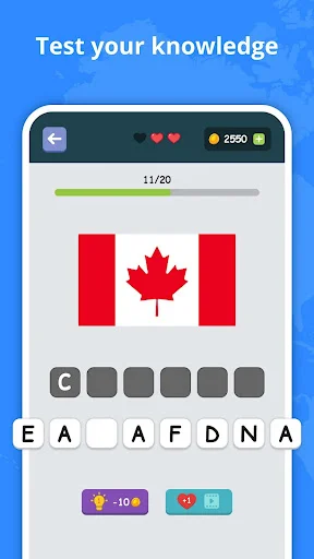 Interactive spelling game showing Canadian flag with letter puzzle tiles to form country name, educational quiz format