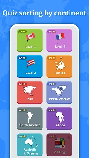 Continent-based quiz selection screen with colorful tiles for Europe, Asia, Americas, Africa geography learning