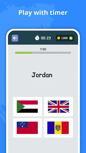 Timer-based flag quiz showing Jordan challenge with countdown clock and four international flag choices for selection