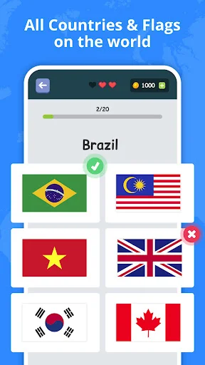 Flag quiz displaying Brazil question with correct answer marked, showing multiple choice flags including Malaysia, Vietnam, UK